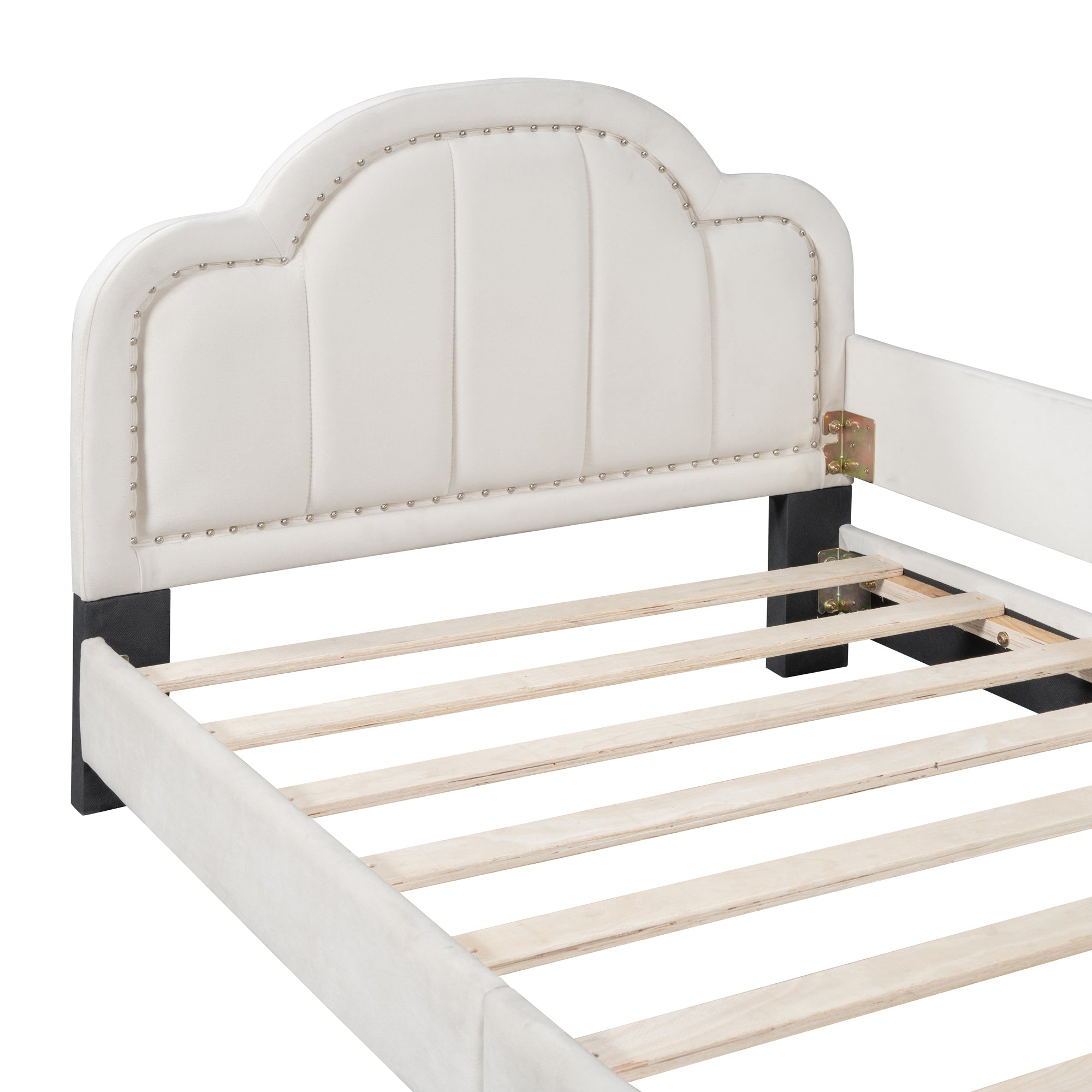 Twin Size Upholstered Daybed with Cloud Shaped Headboard, Embedded Elegant Copper Nail Design, Beige - Atlantic Fine Furniture Melbourne FL