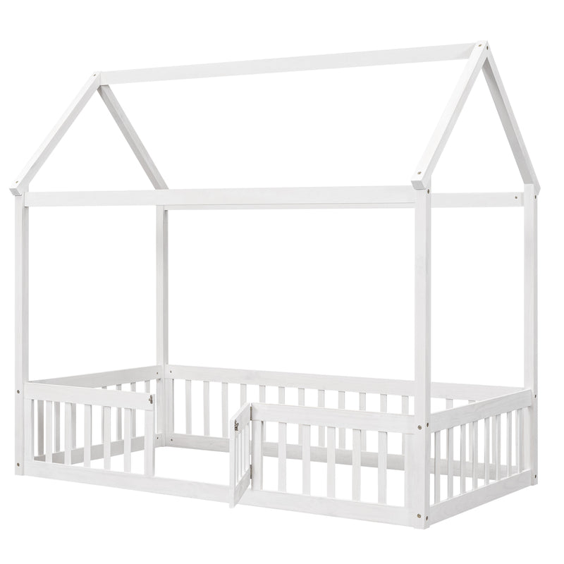 Twin Size Wood House Bed with Fence and Door, White Wash