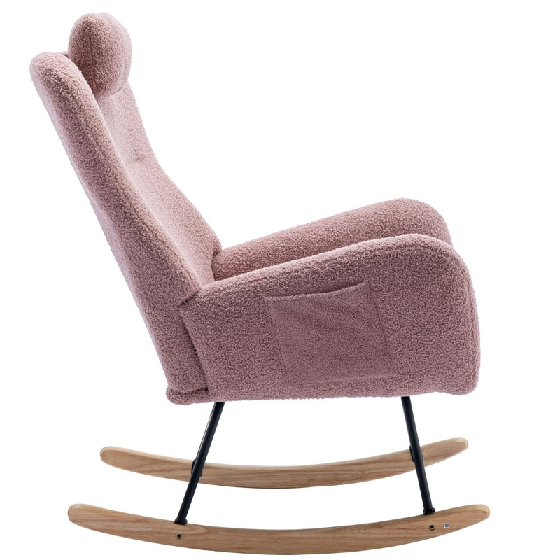 Rocking Chair With Pocket, Soft Teddy Fabric Rocking Chair For Nursery, Comfy Wingback Glider Rocker With Safe Solid Wood Base