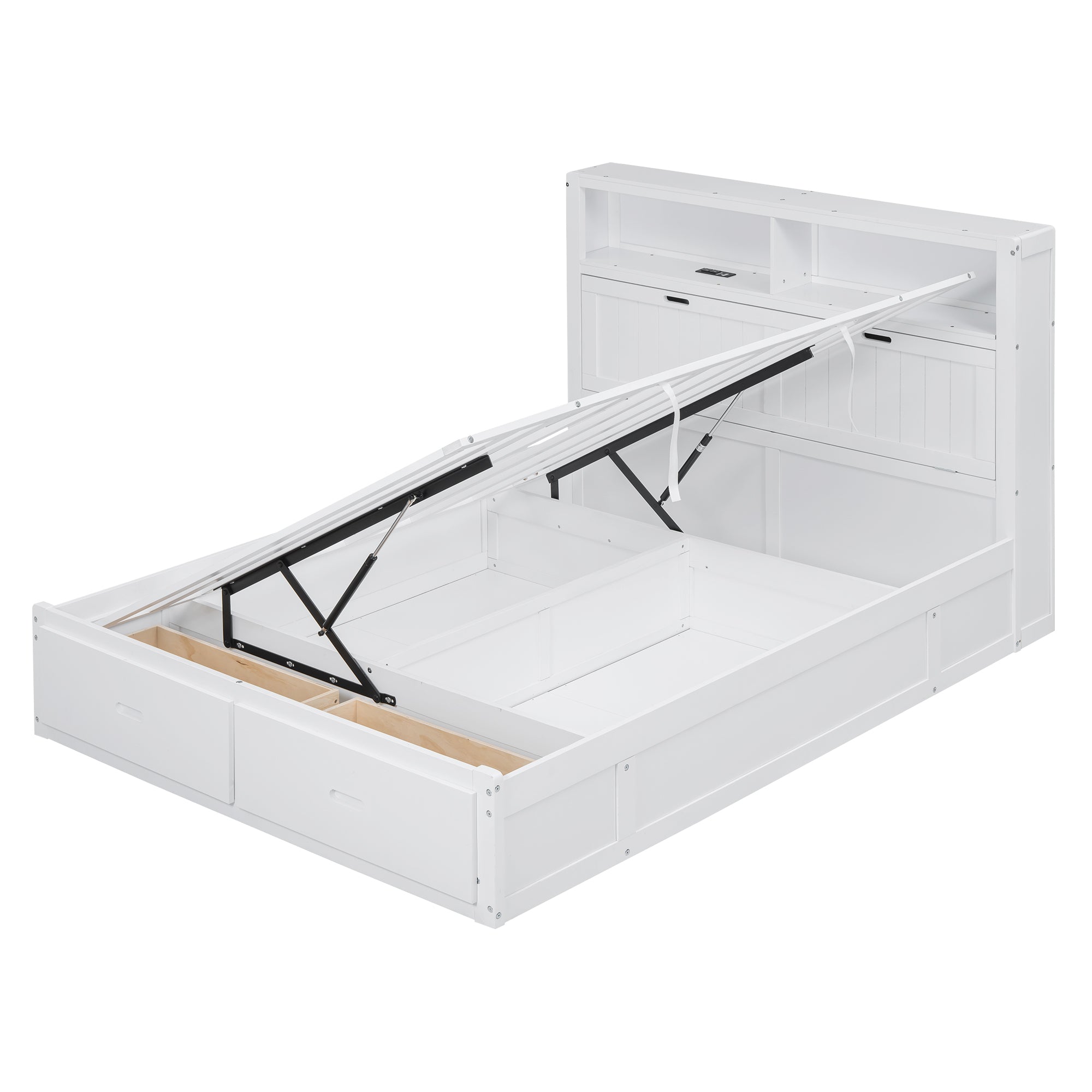 Wood Queen Size Hydraulic Platform Bed with Storage LED Headboard, Charging Station and 2 Drawers, White - Atlantic Fine Furniture Melbourne FL