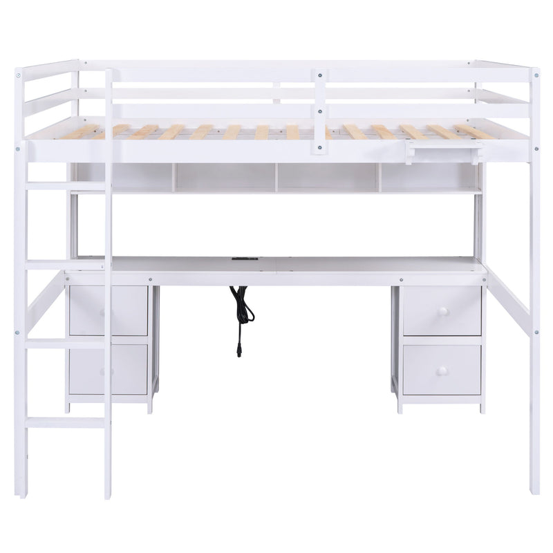 Full Size Loft Bed With Desk, Cabinets, Drawers, Charging Station And Bedside Tray, Sturdy Frame, No Box Spring Required - White
