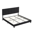 King Size Upholstered Platform Bed Frame With Linen Fabric Headboard, Wood Slat Support - Black
