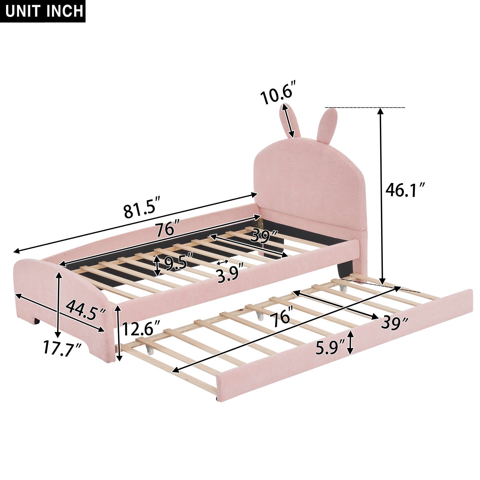 Twin Size Upholstered Platform Bed with Cartoon Ears Shaped Headboard and Trundle, Pink - Atlantic Fine Furniture Melbourne FL