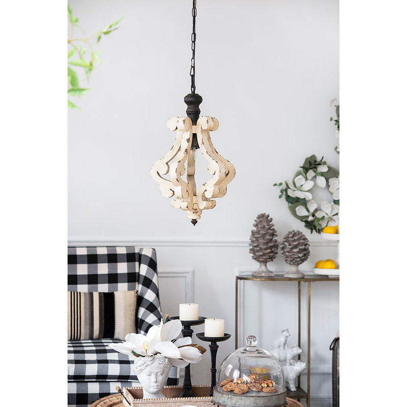 Farmhouse Chandeliar, Distressed Pendant French Country Wood Chandelier For Living Room Foyer, Bulb Not Included - Antique Cream