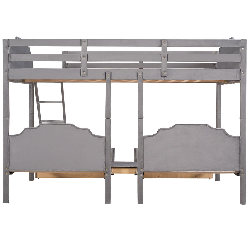 Full Over Twin & Twin Bunk Bed, Velvet Triple Bunk Bed With Drawers And Guardrails - Gray