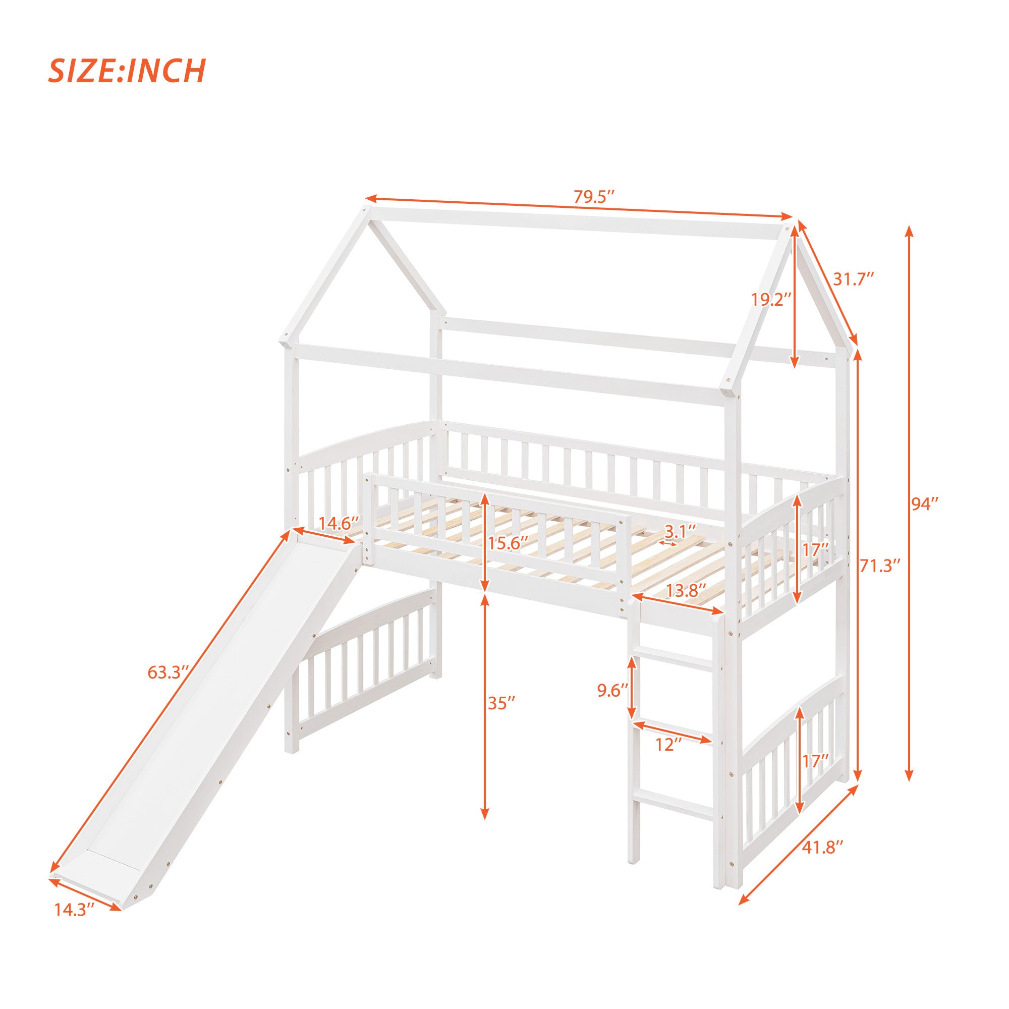 Twin Loft Bed with Slide, House Bed with Slide,White(OLD SKU :LT000212AAK)