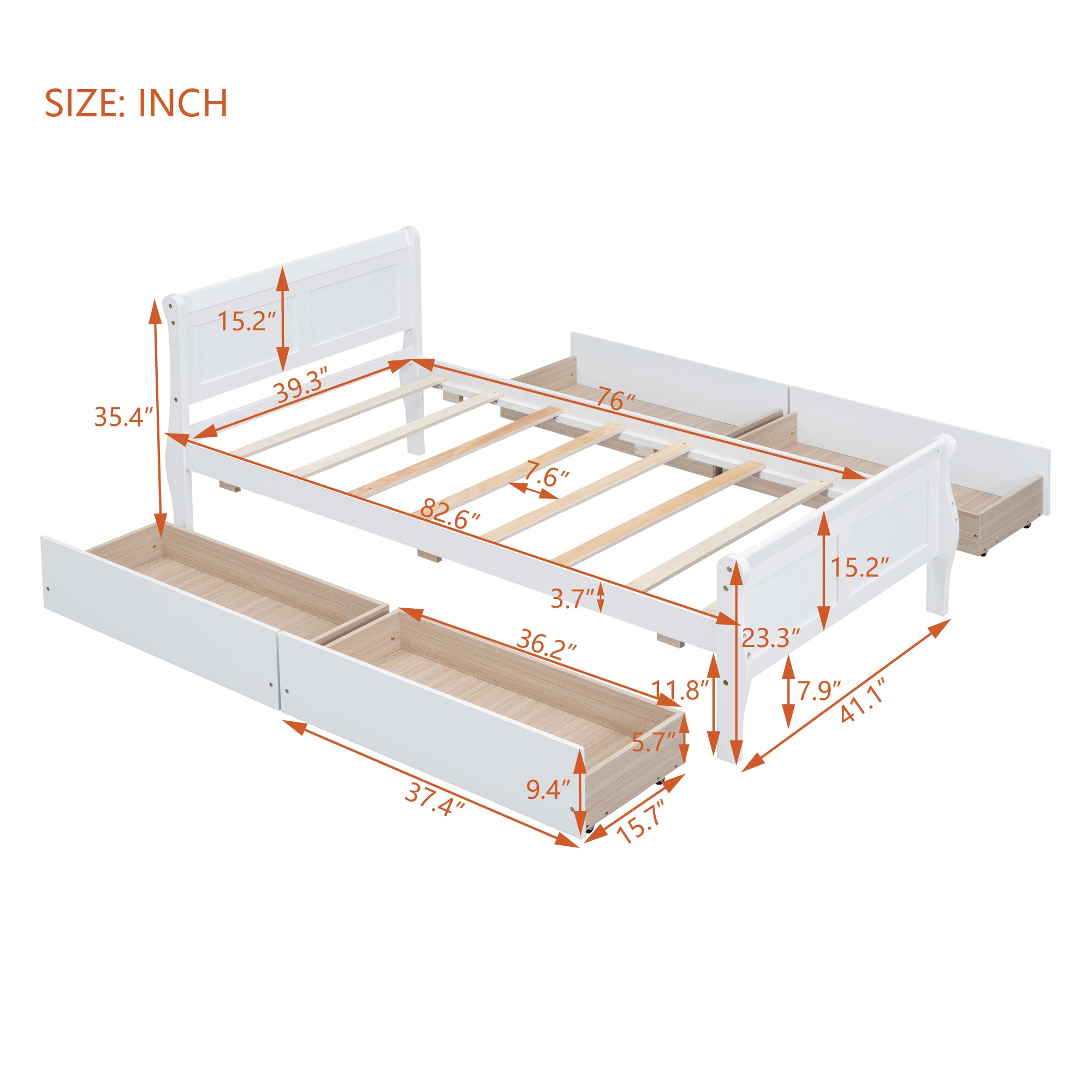Twin Size Wood Platform Bed with 4 Drawers and Streamlined Headboard & Footboard, White - Atlantic Fine Furniture Melbourne FL