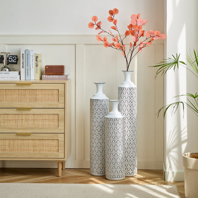 Modern Floor Vase Set Metal Vases With Geometric Pattern, 3 Piece Home Decor Set - White / Black