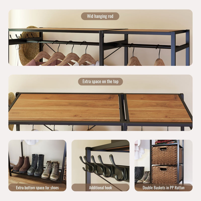 Garment Rack With Shelves, 2 Wicker Drawers, 4 Hooks, Organizer
