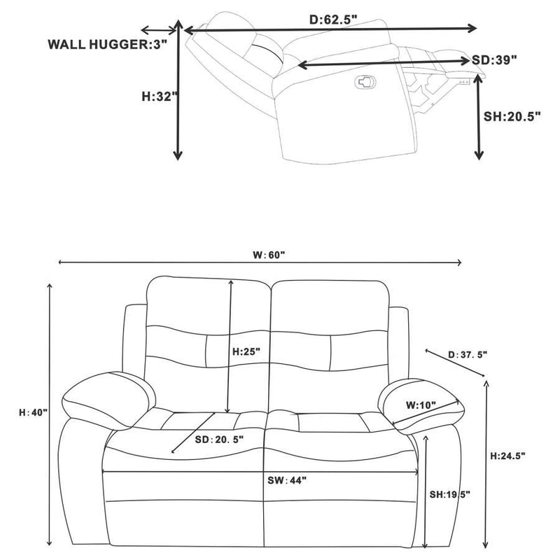 Nova - Upholstered Padded Arm Reclining Loveseat - Dark Gray