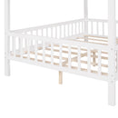 Full Size Wood House Bed with Fence, White+Gray