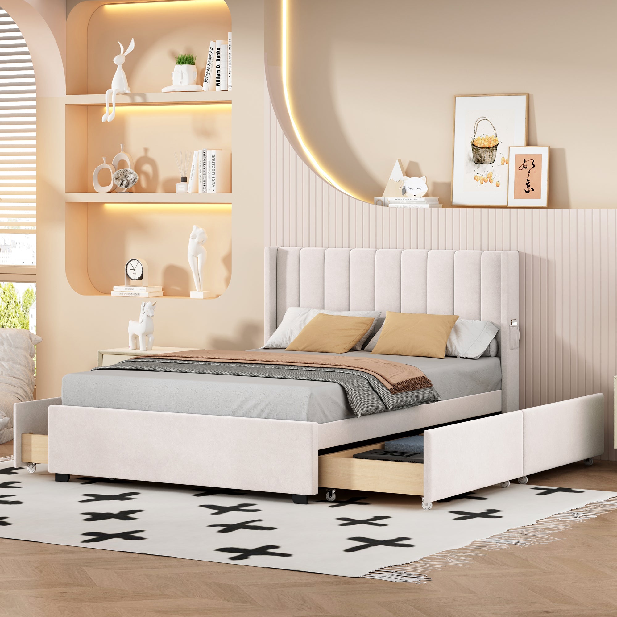 Full Size Upholstered Bed with 4 Drawers, Beige - Atlantic Fine Furniture Melbourne FL