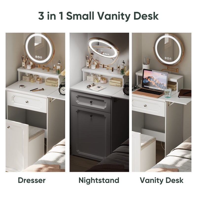 Makeup Vanity Desk With Round Mirror And Lights, 2 In 1 Nightstand, Dressing Table With A Chair - Antique White