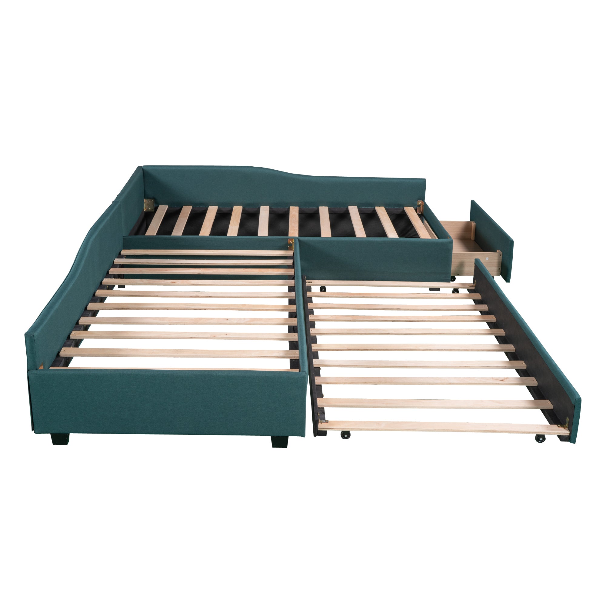 Upholstered Double Twin Size Daybed with Trundle and Drawer, Green - Atlantic Fine Furniture Melbourne FL