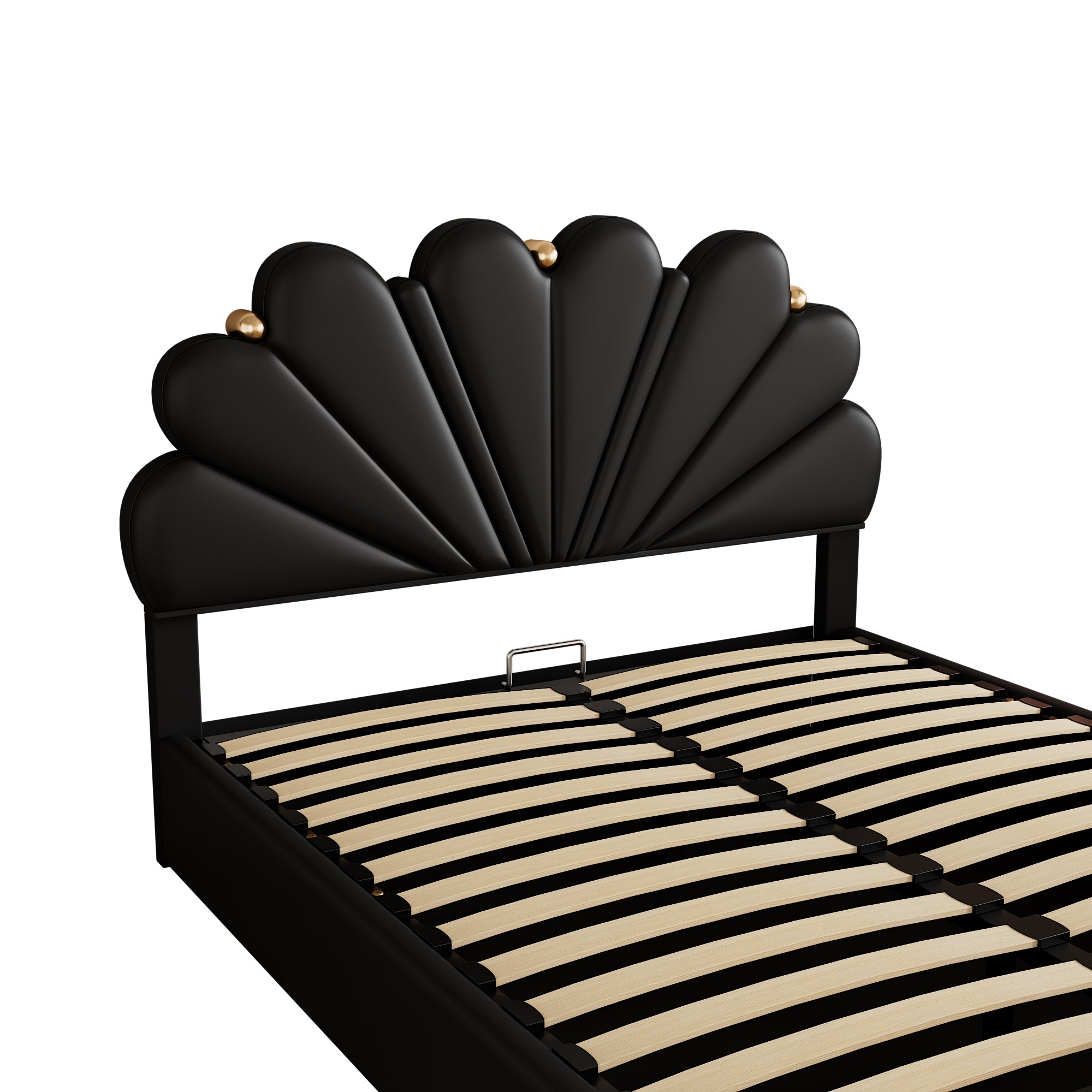 Queen Size Upholstered  Petal Shaped Platform Bed  with Hydraulic Storage System, PU Storage Bed, Decorated with metal balls, Black - Atlantic Fine Furniture Melbourne FL