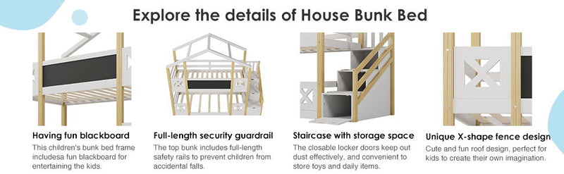 Twin Over Twin House Bunk Bed With White Storage Staircase And Blackboards - White