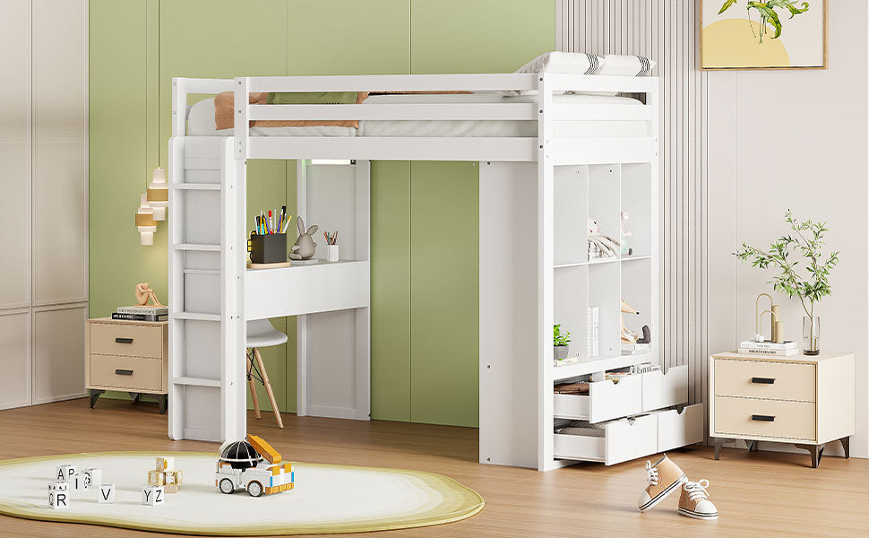 Twin Size Loft Bed with large shelves, writing desk and LED Light, White - Atlantic Fine Furniture Melbourne FL