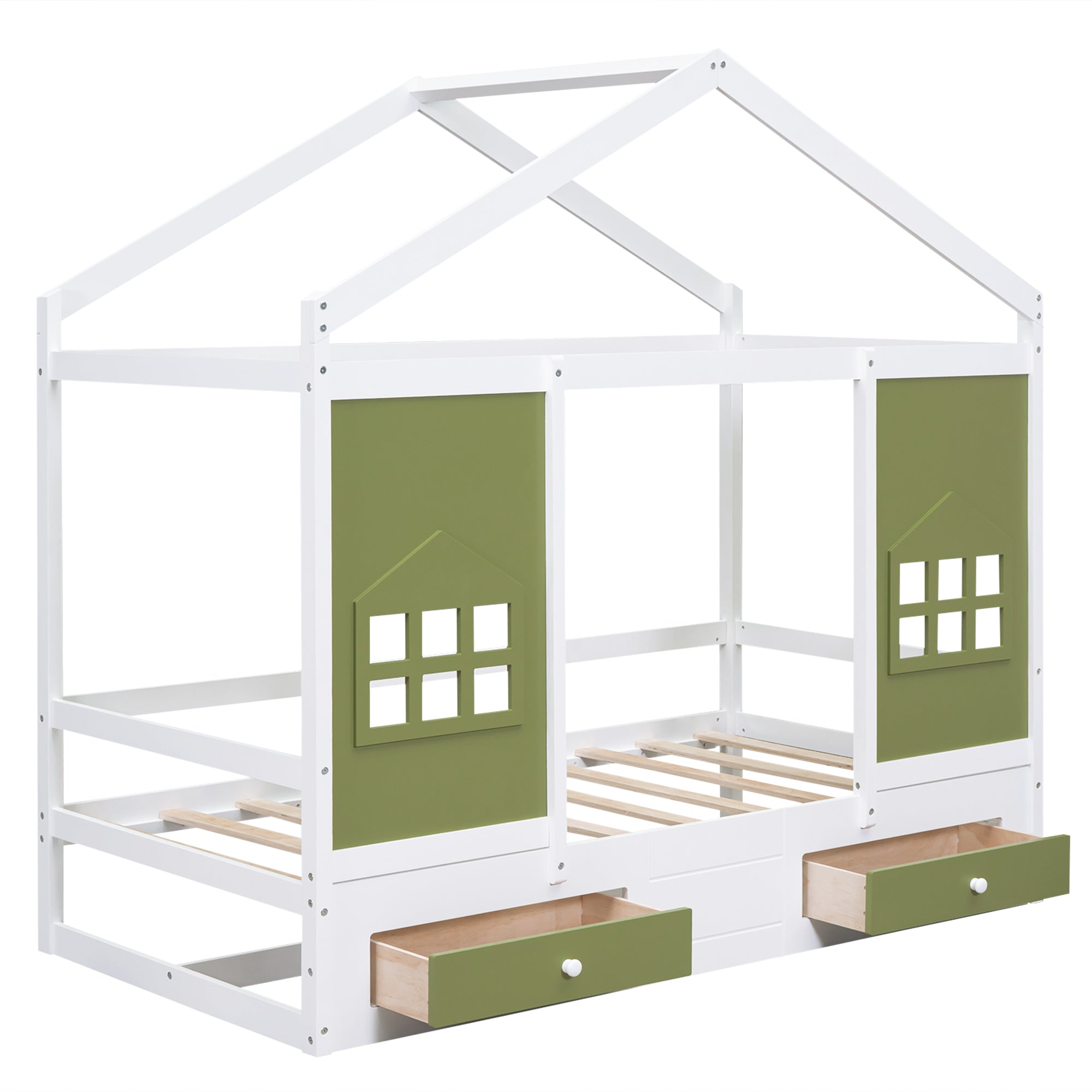 Twin Size Wood House Bed with 2 Drawers and Window Decoration, White+Olive Green - Atlantic Fine Furniture Melbourne FL