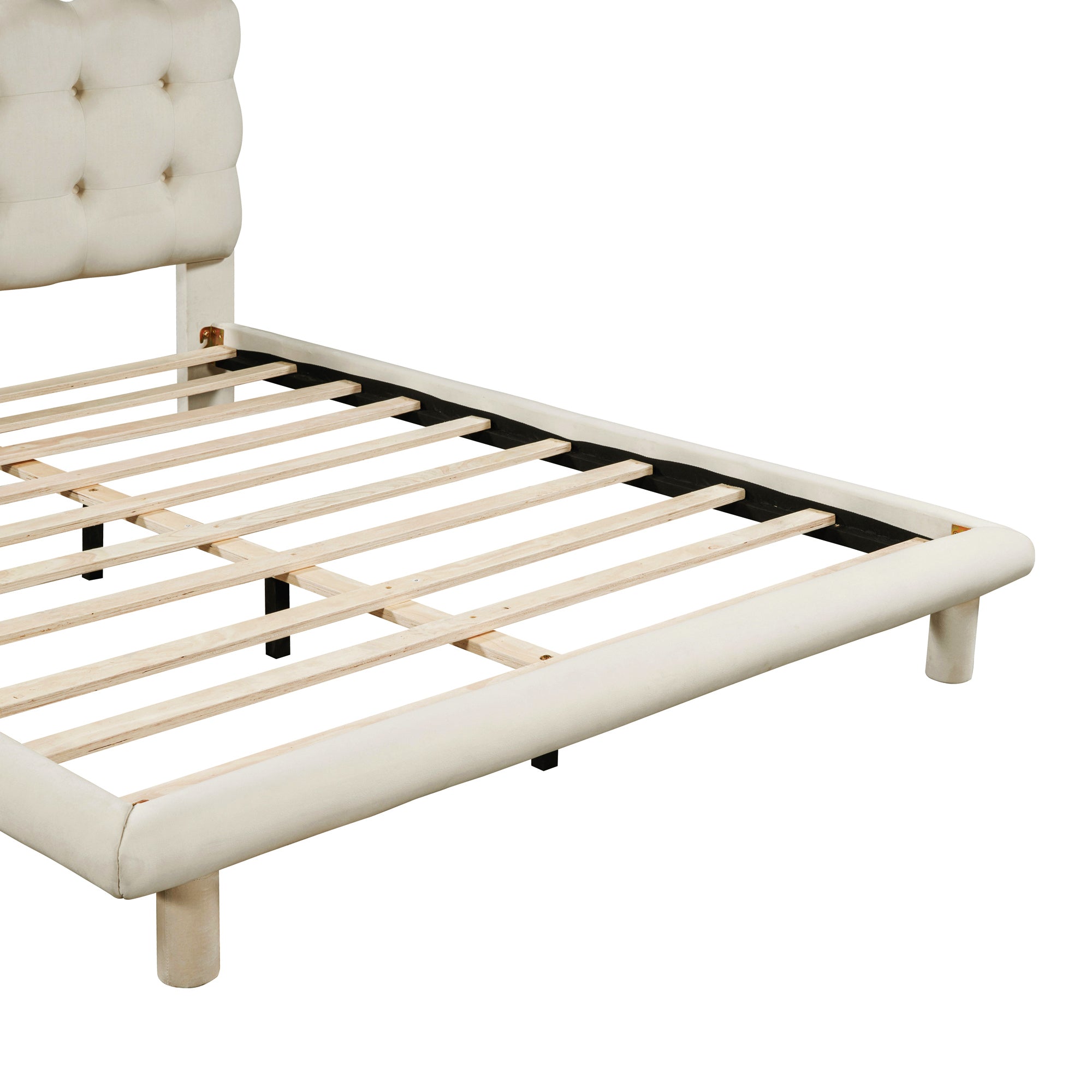 Queen Size Velvet Platform Bed with LED Frame, Thick & Soft Fabric and Button-tufted Design Headboard, Beige - Atlantic Fine Furniture Melbourne FL