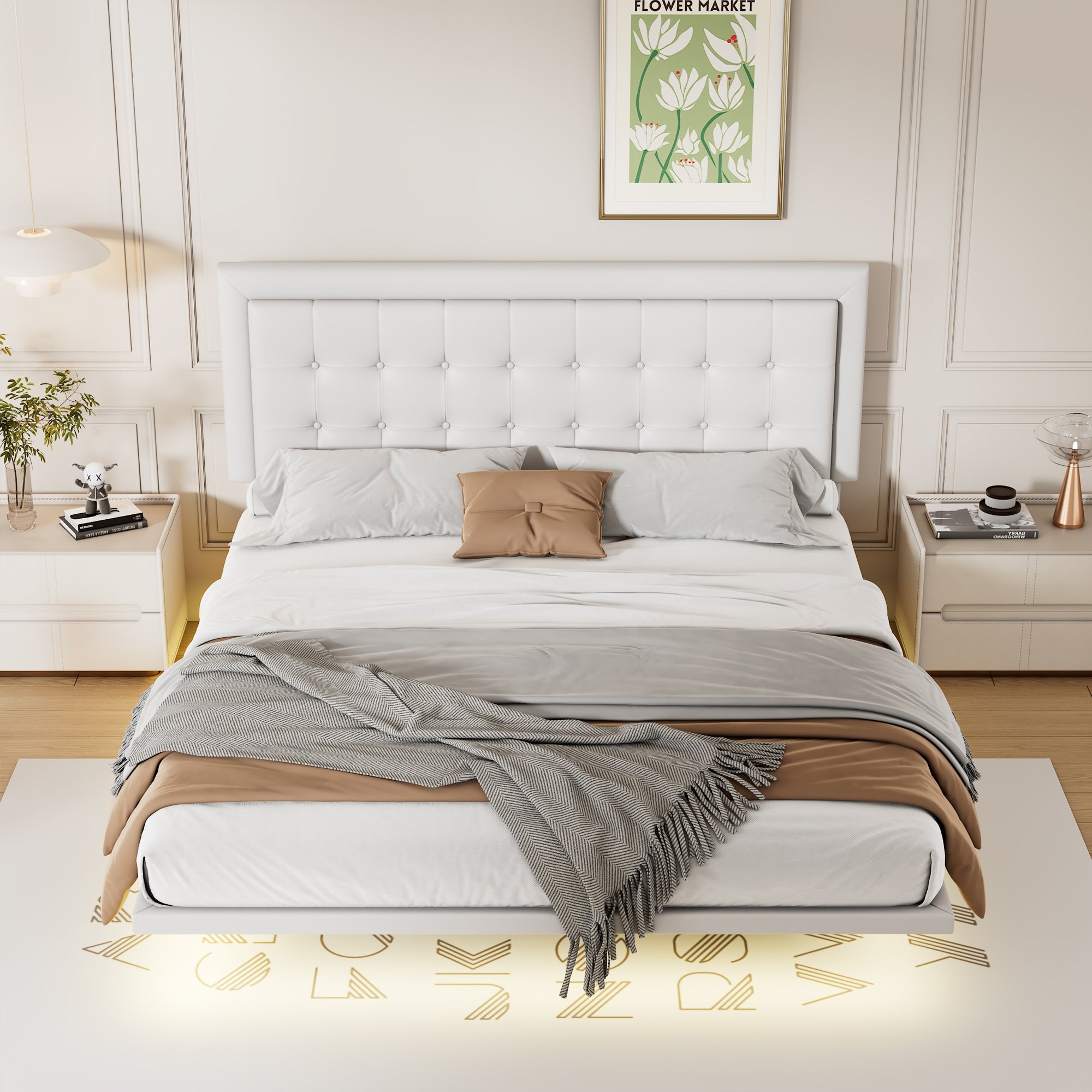 Queen Size Floating Bed Frame with Motion Activated Night Lights,Modern PU Upholstered Button Tufted Platform Bed Frame,White - Atlantic Fine Furniture Melbourne FL