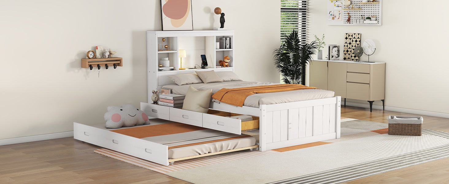 Twin Size Platform Bed with Storage Headboard, Charging Station, Twin Size Trundle and 3 Drawers, Antique White - Atlantic Fine Furniture Melbourne FL