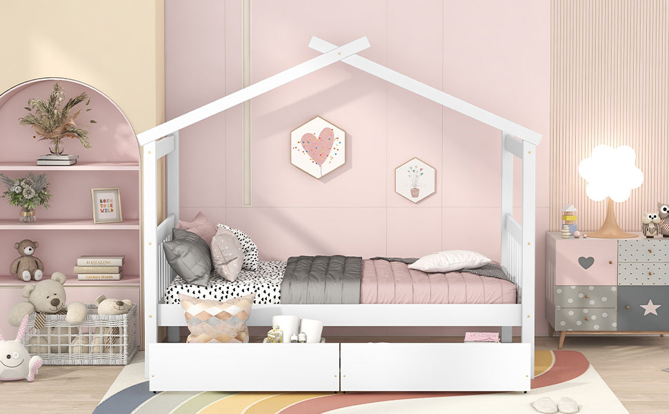 Twin Size Wooden House Bed with Drawers, White - Atlantic Fine Furniture Melbourne FL