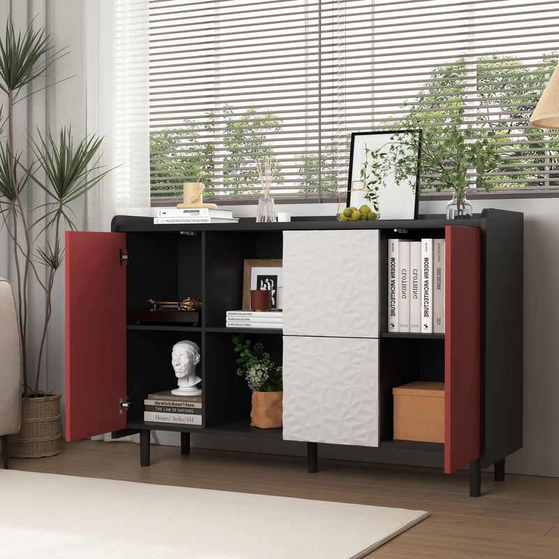 Modern Sideboard Buffet Cabinet With Red Doors And Unique Panel Styling