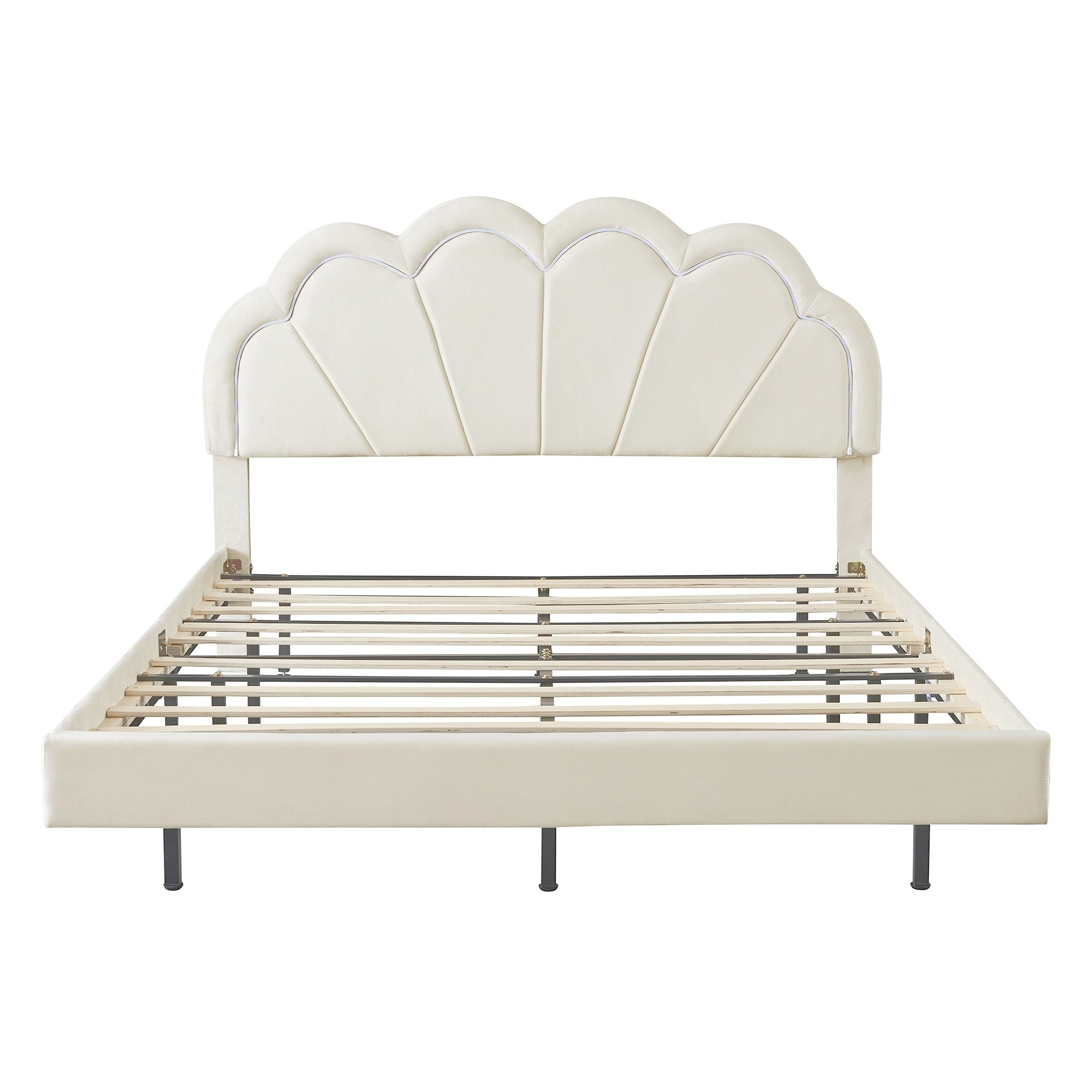 Queen Upholstered Smart LED Bed Frame with Elegant Flowers Headboard,Floating Velvet Platform LED Bed with Wooden Slats Support,Beige - Atlantic Fine Furniture Melbourne FL