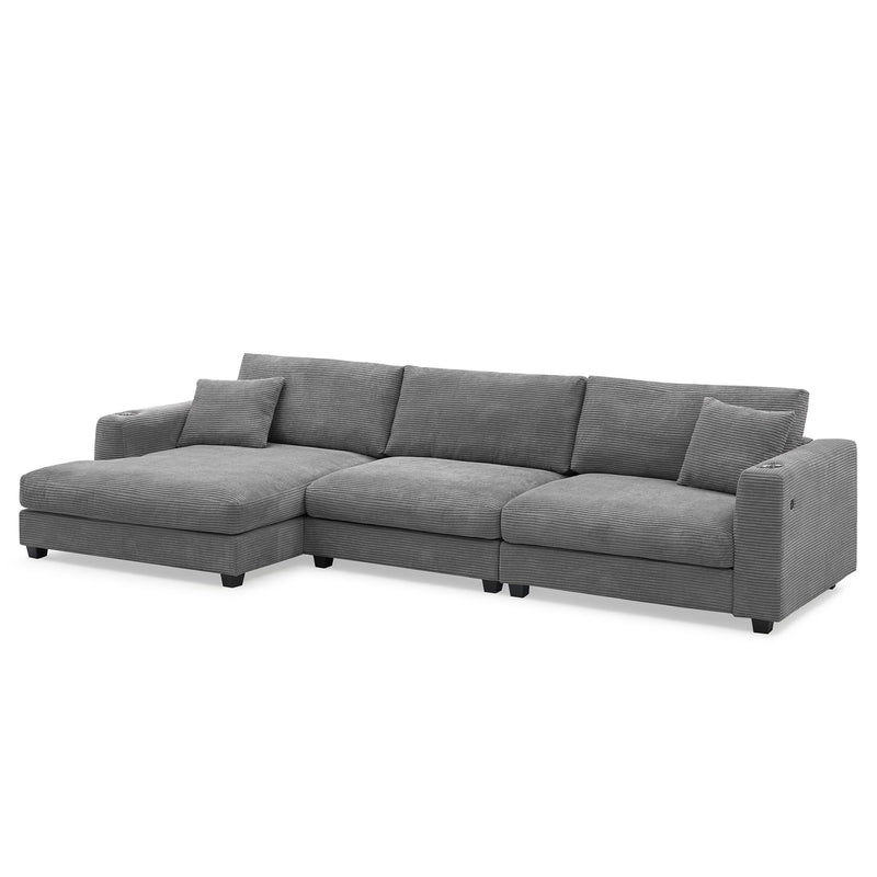 Oversized Corduroy Sectional Sofa, L Shaped Cloud Couch With USB Charging Port, Cup Holder, Deep Seat Sofa Bed With 50" Chaise, Comfy Indoor Furniture For Living Room