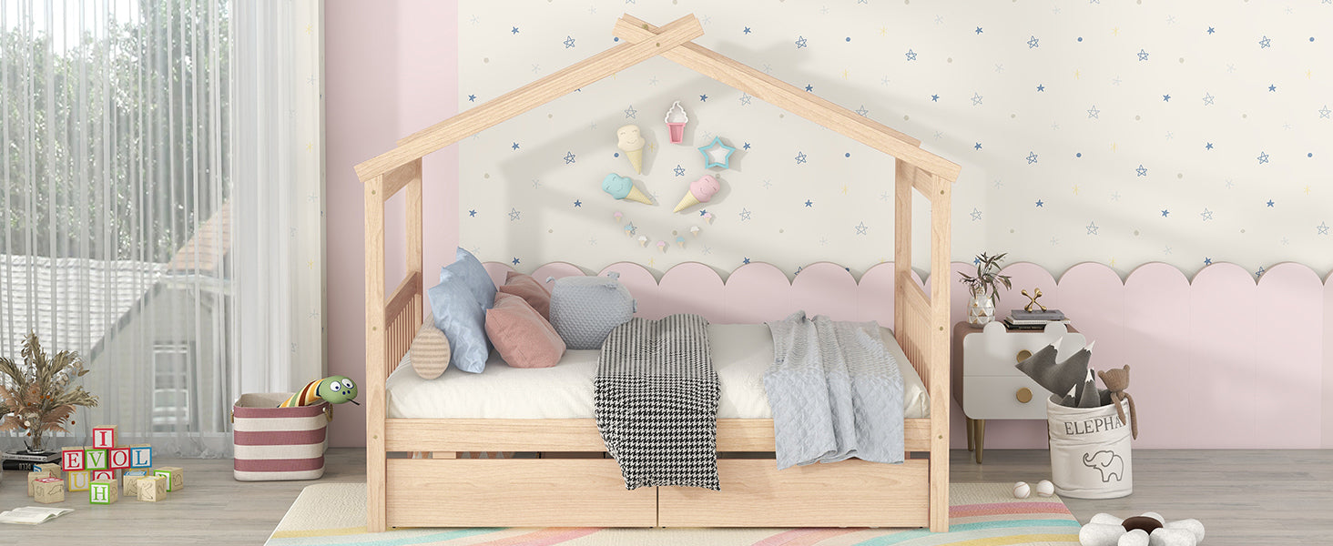 Full Size Wooden House Bed with Drawers, Natural - Atlantic Fine Furniture Melbourne FL