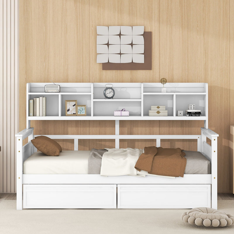 Daybed, Wood Slat Support, With Bedside Shelves And Two Drawers