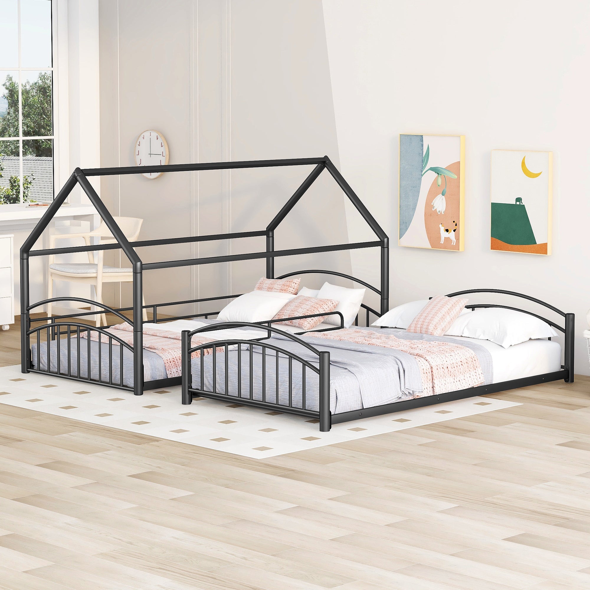 Twin Over Twin Metal Bunk Bed With Slide,Kids House Bed Black - Atlantic Fine Furniture Melbourne FL