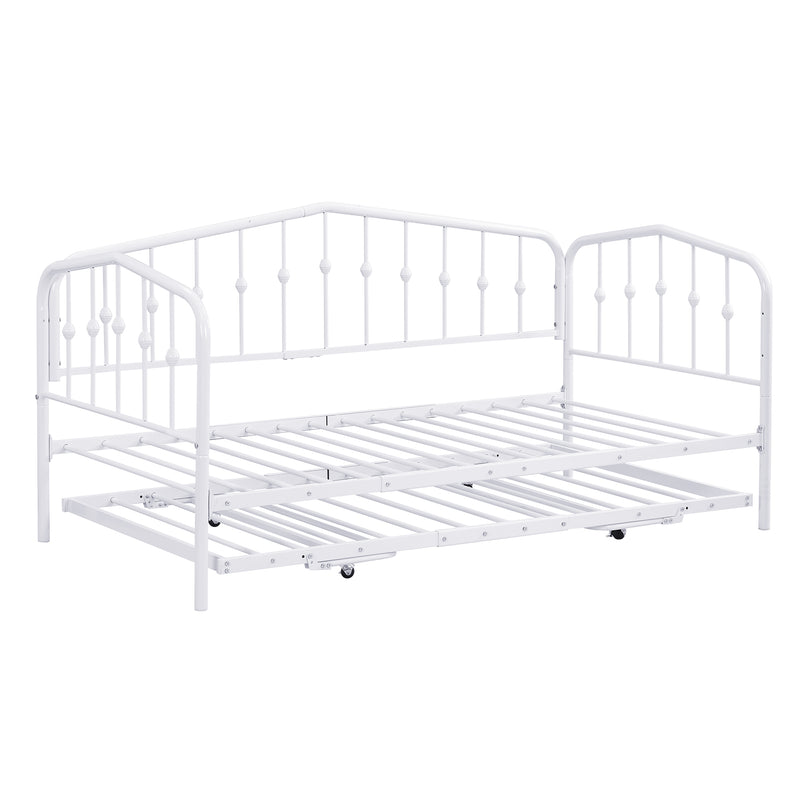 Twin Size Stylish Metal Daybed with Twin Size Adjustable Trundle, Portable Folding Trundle, White