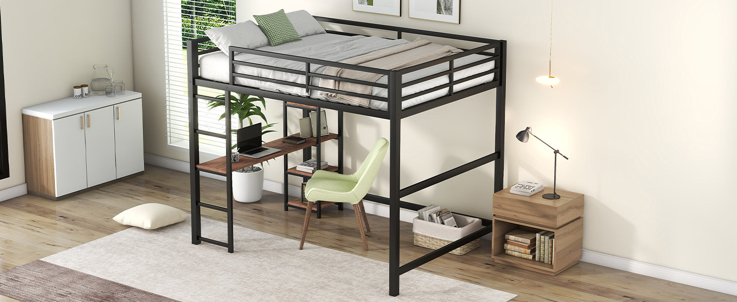 Full Size Metal Loft Bed with Built-in Desk and Storage Shelves, Black