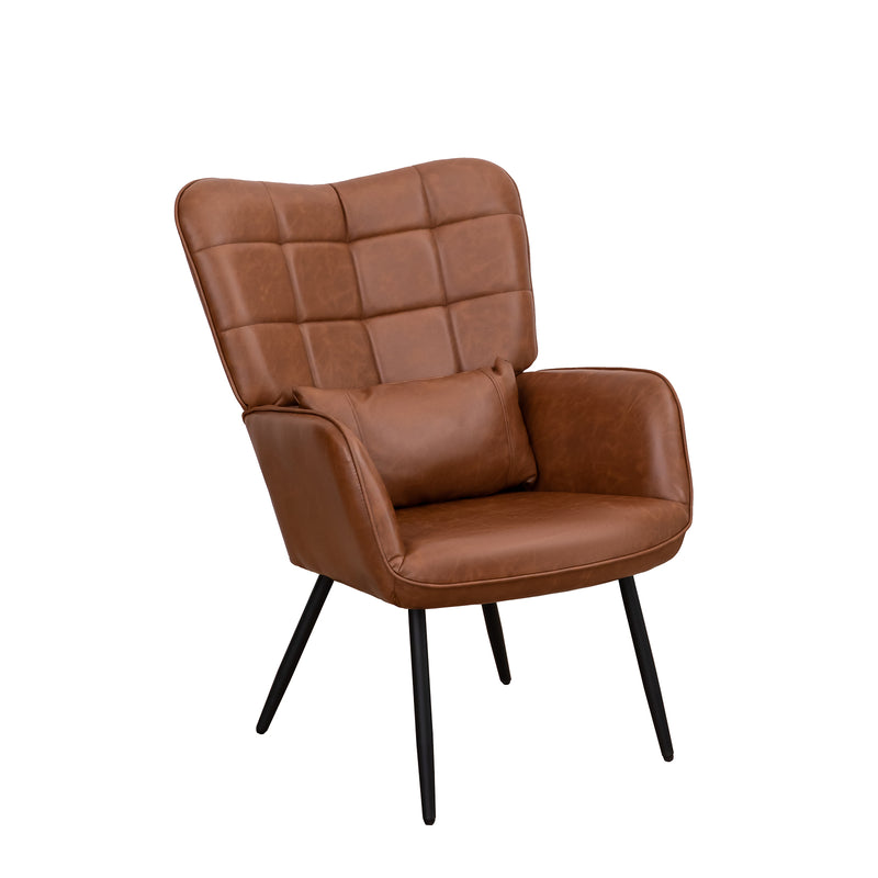 Modern Bonded Leather Armchair with High Back and Metal Legs, Brown, For Living Room, Bedroom, and Home Office