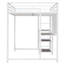 Full Size Loft Bed with Desk and Whiteboard, Metal Loft Bed with 3 Shelves and Ladder, White