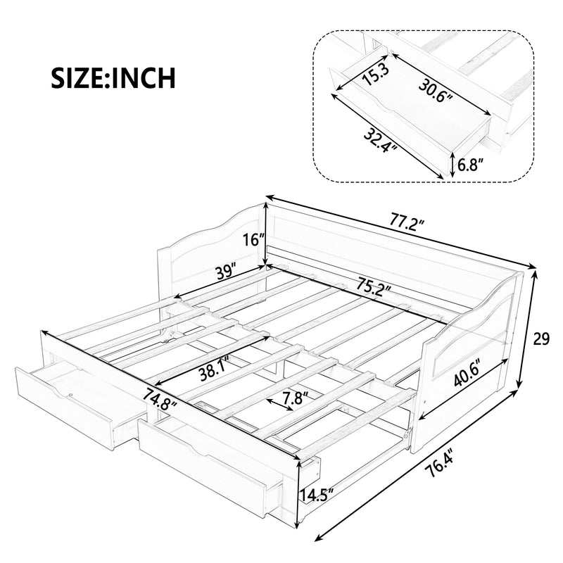 Wooden Daybed with Trundle Bed and Two Storage Drawers , Extendable Bed Daybed,Sofa Bed with Two Drawers, White