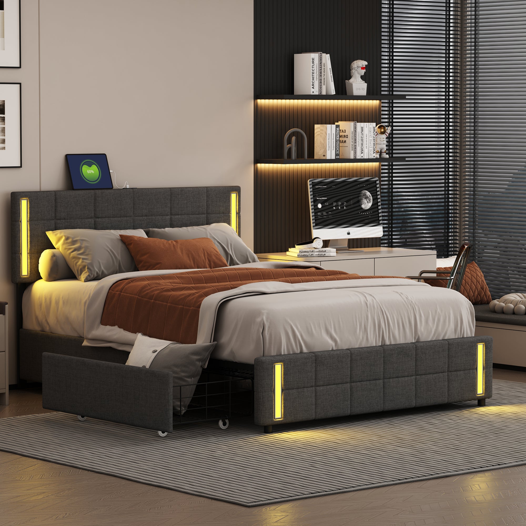 Queen Size Upholstered Platform Bed with LED Lights and USB Charging, Storage Bed with 4 Drawers, Gray(Linen) - Atlantic Fine Furniture Melbourne FL