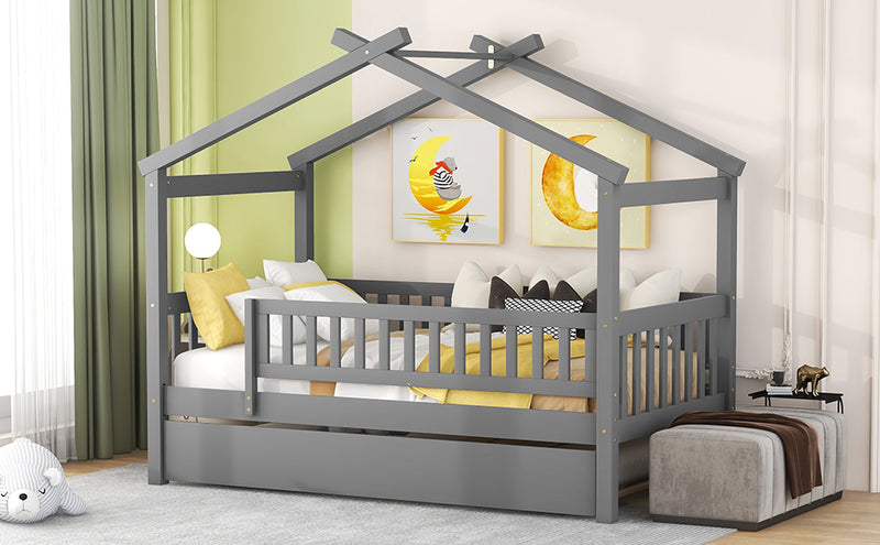 Twin Size Wooden House Bed with Twin Size Trundle, Gray