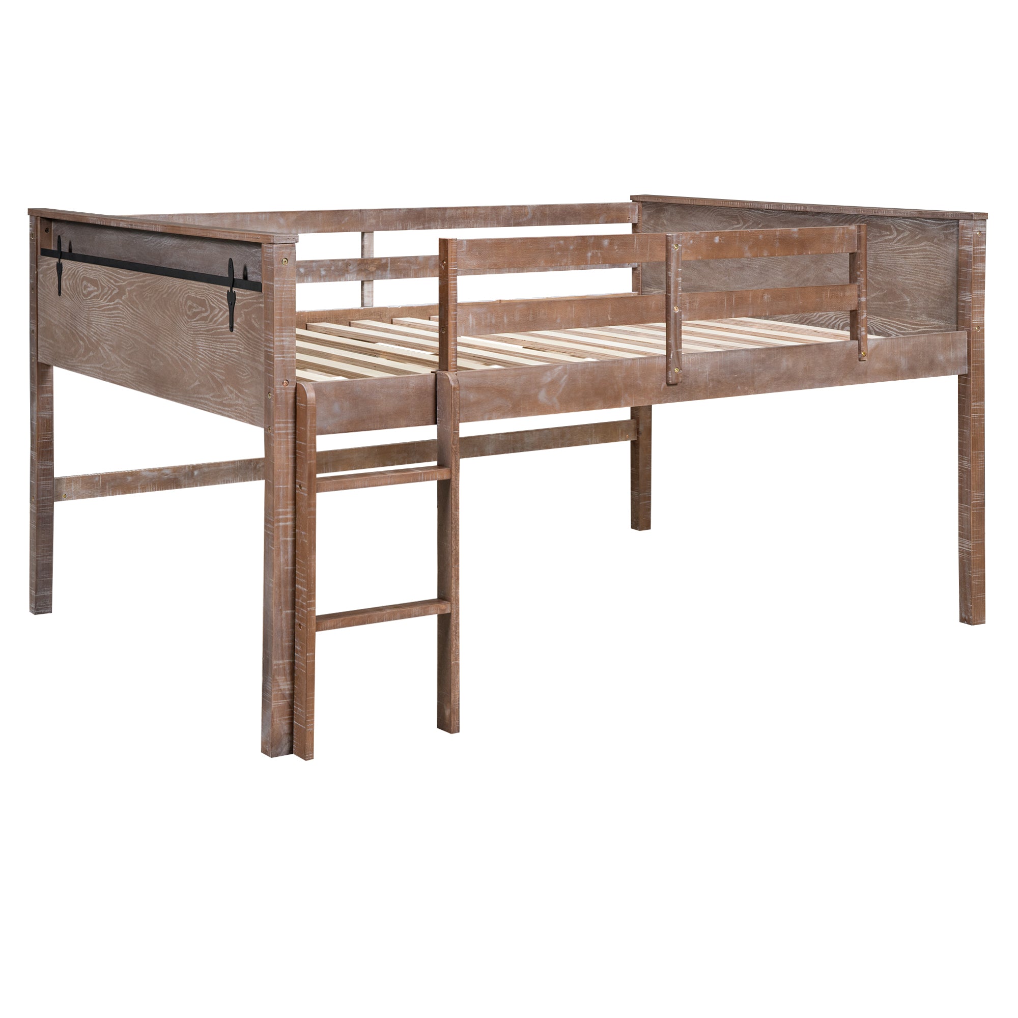 Wood Twin Size Loft Bed with Hanging Clothes Racks, White Rustic Natural - Atlantic Fine Furniture Melbourne FL