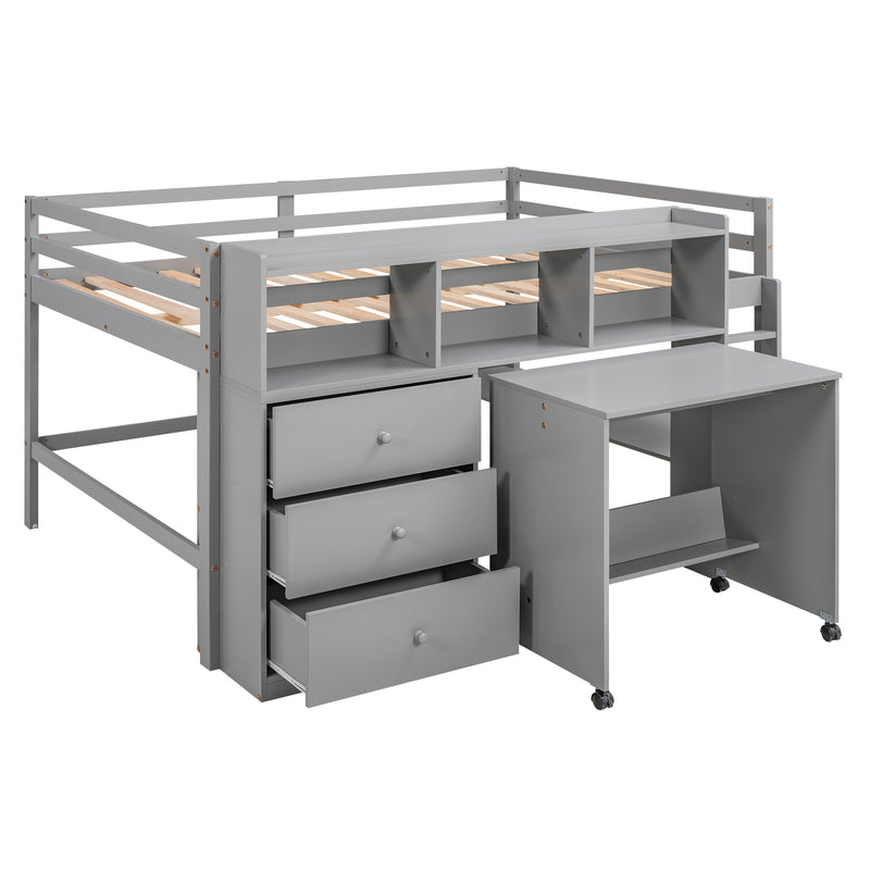 Full Size Low Loft Bed with Rolling Portable Desk, Drawers and Shelves, Gray(Old SKU: GX000711AAE)