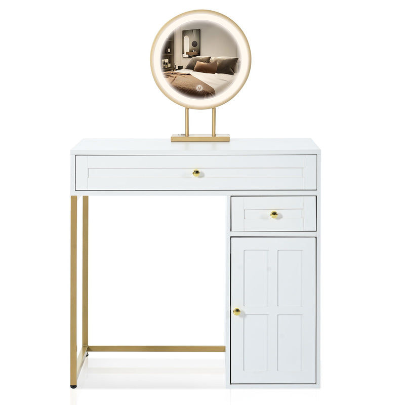 Makeup Vanity Desk With Lighted Mirror, Luxury Dressing Table With 2 Drawers And 1 Cabinet, 3 Lighting Modes Available For Bedroom - White / Gold