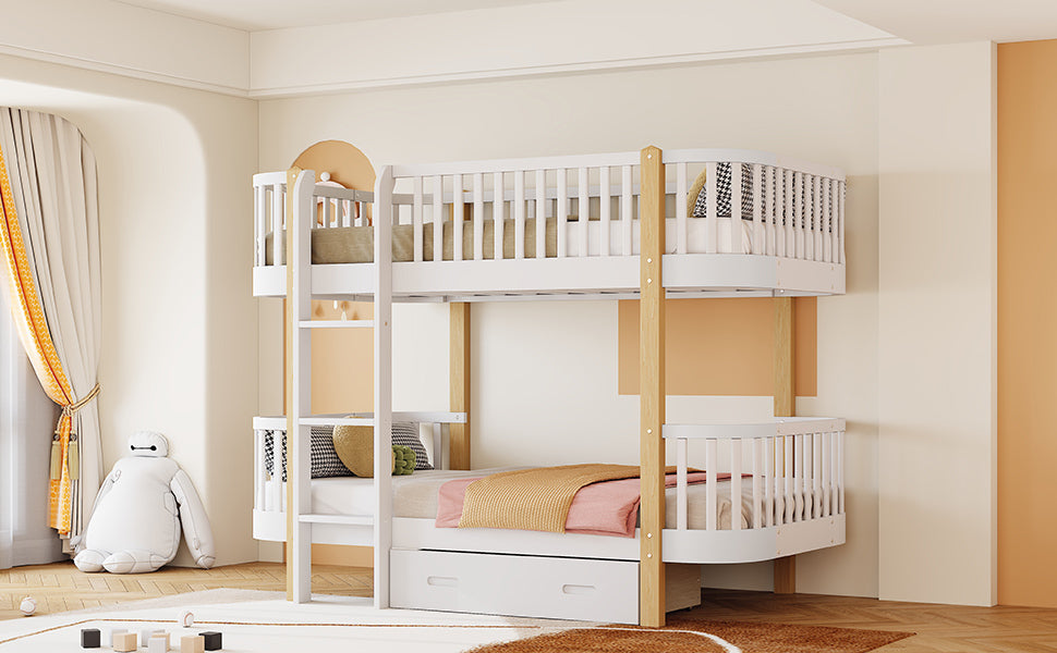 Wood Twin over Twin Bunk Bed with Fence Guardrail and a Big Drawer, White - Atlantic Fine Furniture Melbourne FL