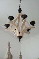 6 Light Wood Chandelier, Hanging Light Fixture With Adjustable Chain For Kitchen, Bulb Not Included - Cream