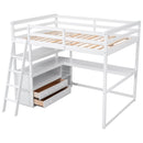 Full Size Loft Bed with Desk and Shelves,Two Built-in Drawers,White(Old SKU: SM000416AAK)
