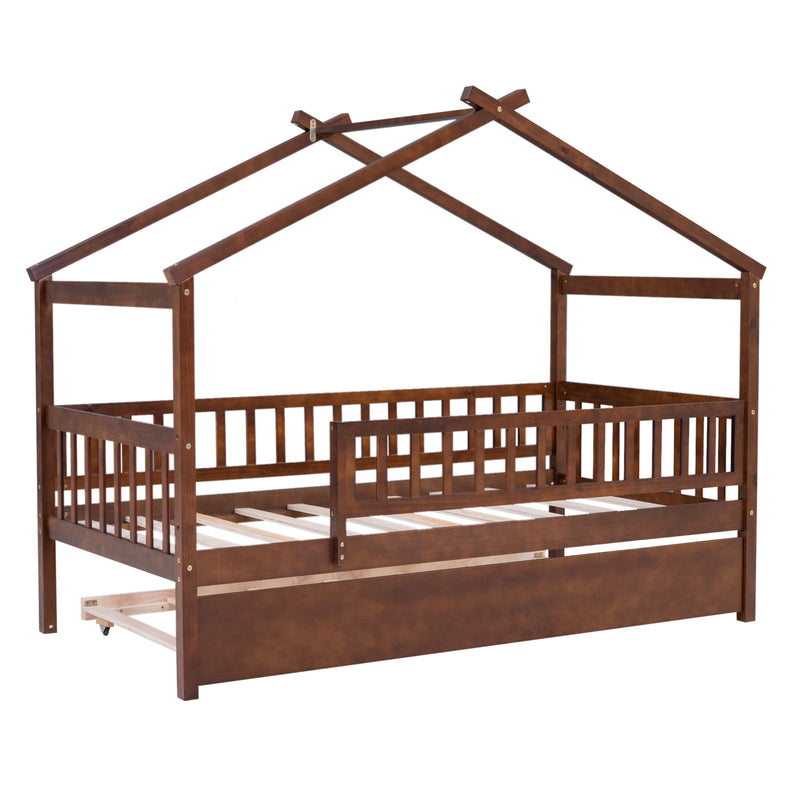 Twin Size Wooden House Bed with Twin Size Trundle, Walnut