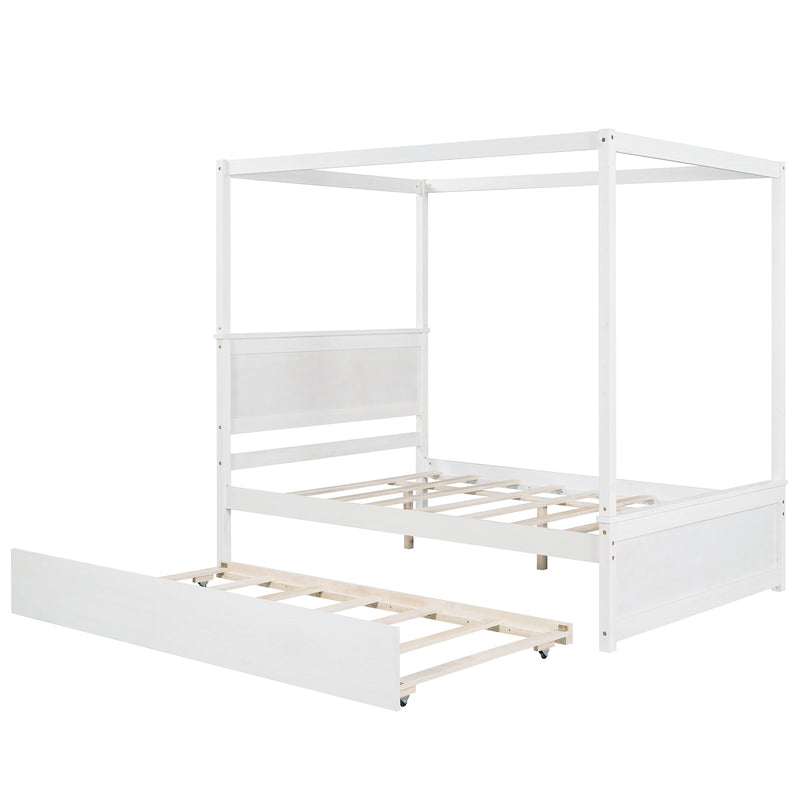 Wood Canopy Bed with Trundle Bed ,Full Size Canopy Platform bed With  Support Slats .No Box Spring Needed, Brushed White