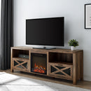 Industrial Farmhouse Metal Mesh Drop Down X Door Fireplace TV Stand