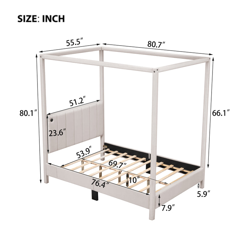 Full Size Canopy Platform Bed with USB and Type-C Ports, Canvas, Beige