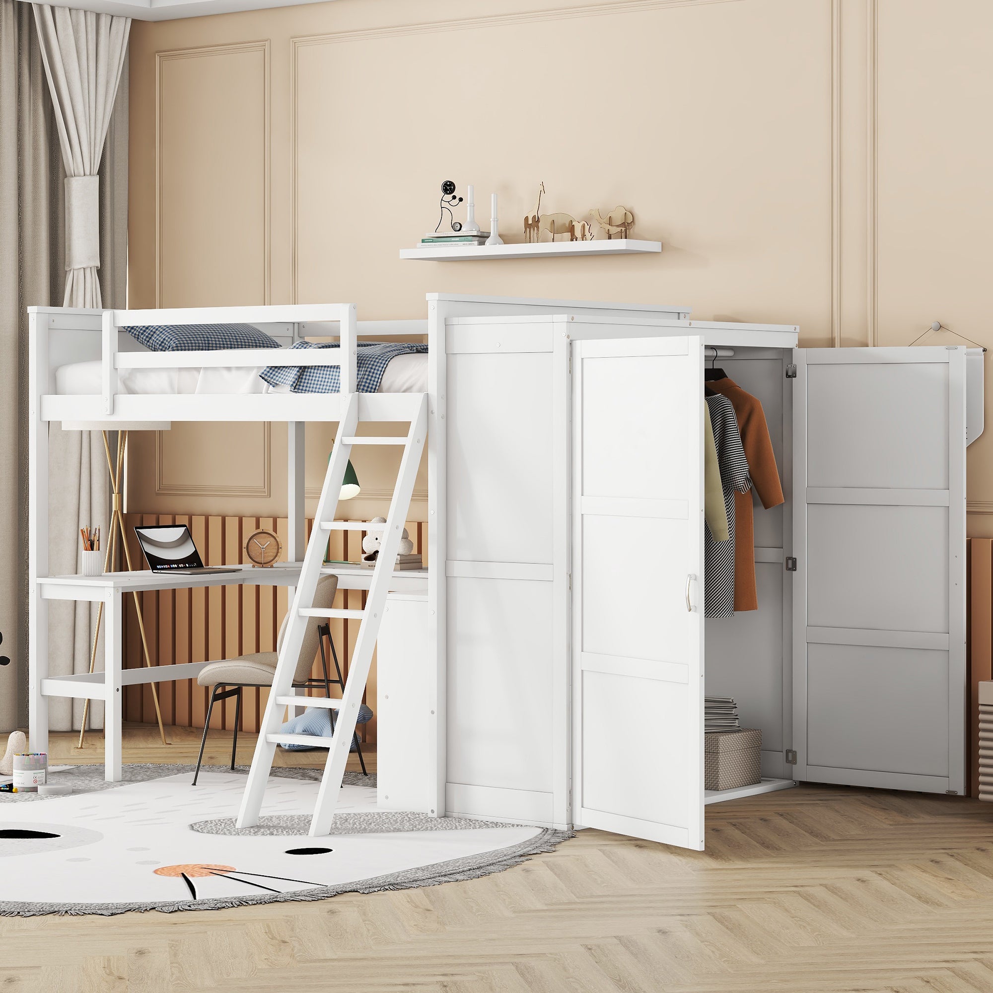 Full size Loft Bed with Desk, Shelves and Wardrobe-White - Atlantic Fine Furniture Melbourne FL